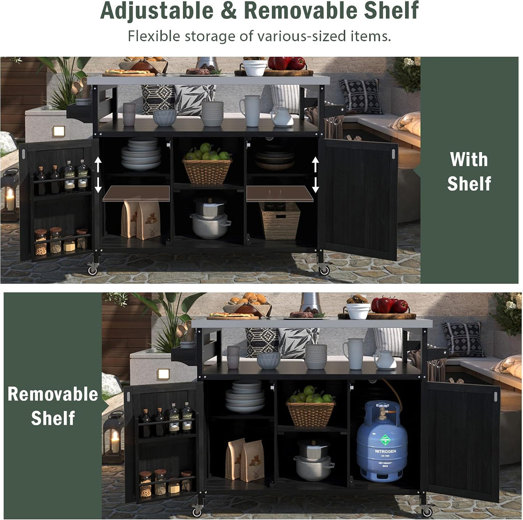 Farmhouse Outdoor Kitchen Island, Rolling Bar Cart & Storage Cabinet with Stainless Steel Top, Spice Rack, Towel Rack for Kitchen & Barbecue, Solid Wood Outdoor Grill Table