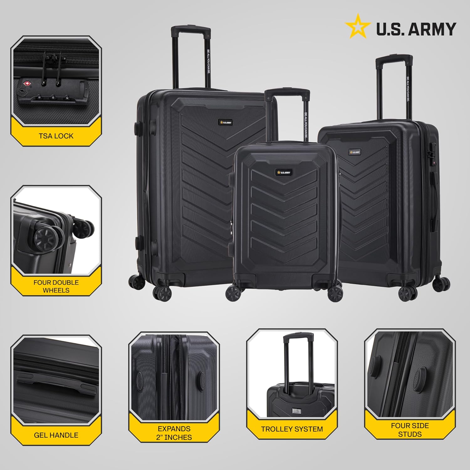 US ARMY Fox Pro 3 Pcs Set Expandable Suitcase with TSA Lock | 20, 24, 28 inch Lightweight Hardshell Luggage with Spinner Wheels, Chevron Icon, Gel Handle, Retractable Trolley, Side Studs | Black