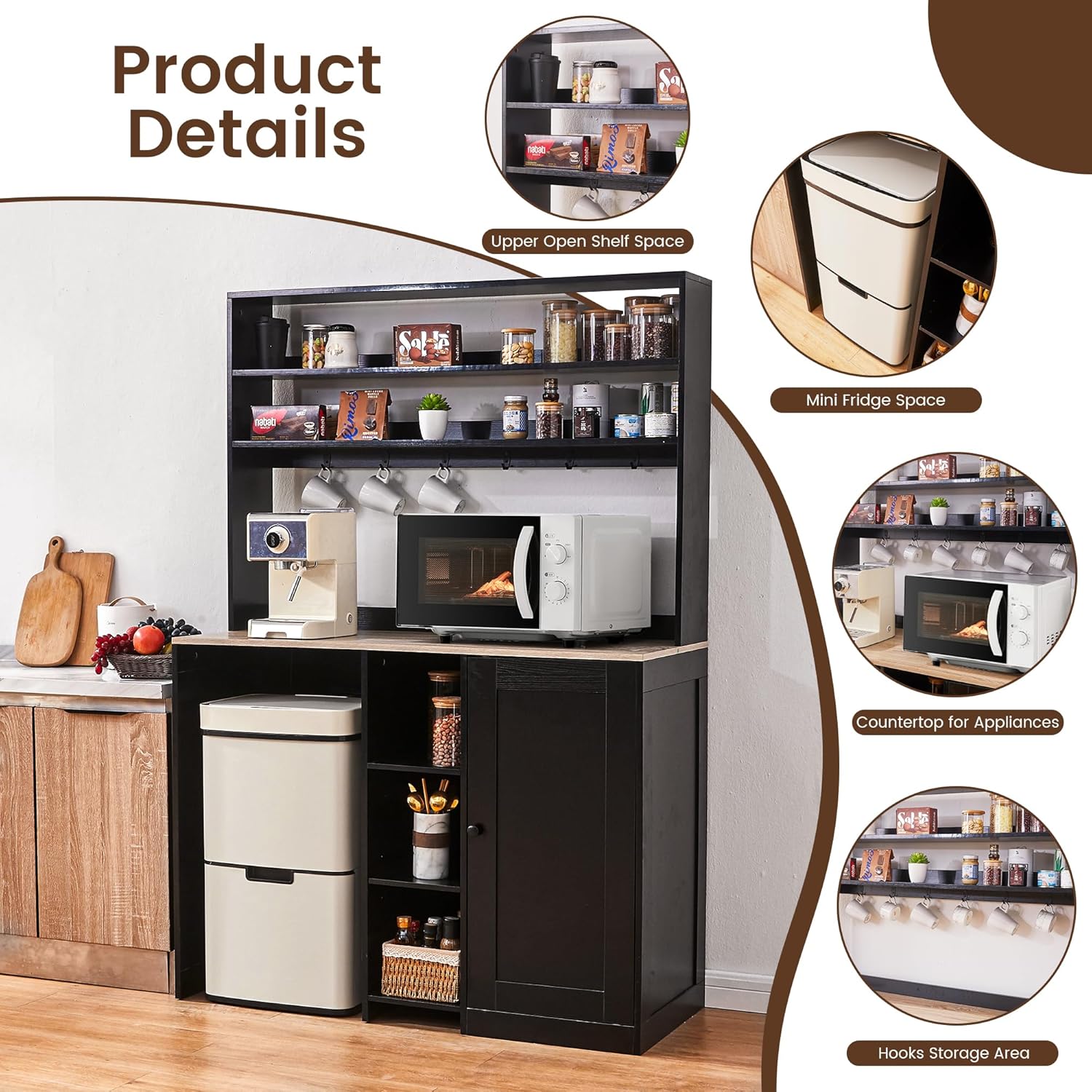 69' Coffee Bar with Mini Fridge Space, Mini Fridge Cabinet with Power Outlet, Liquor Wine Cabinet, Microwave Stand with Storage, Refrigerator Stand for Kitchen, Apartment, Home Bar, Dorm