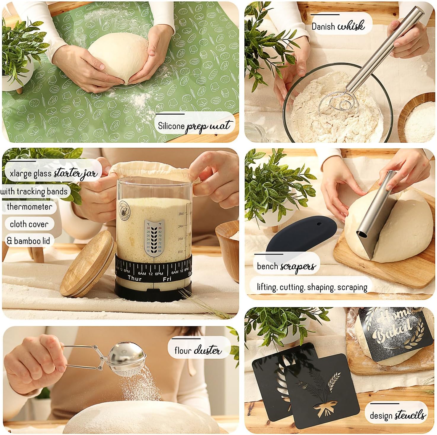 CraftZee All-Inclusive 𝗣𝗥𝗘𝗠𝗜𝗨𝗠 Sourdough Starter Kit with Pot, 34 Oz Starter Jar, 4 Banneton Bread Proofing Baskets, Scraper, Scale, Sourdough Bread Baking Supplies, Beginner Guide & Recipes