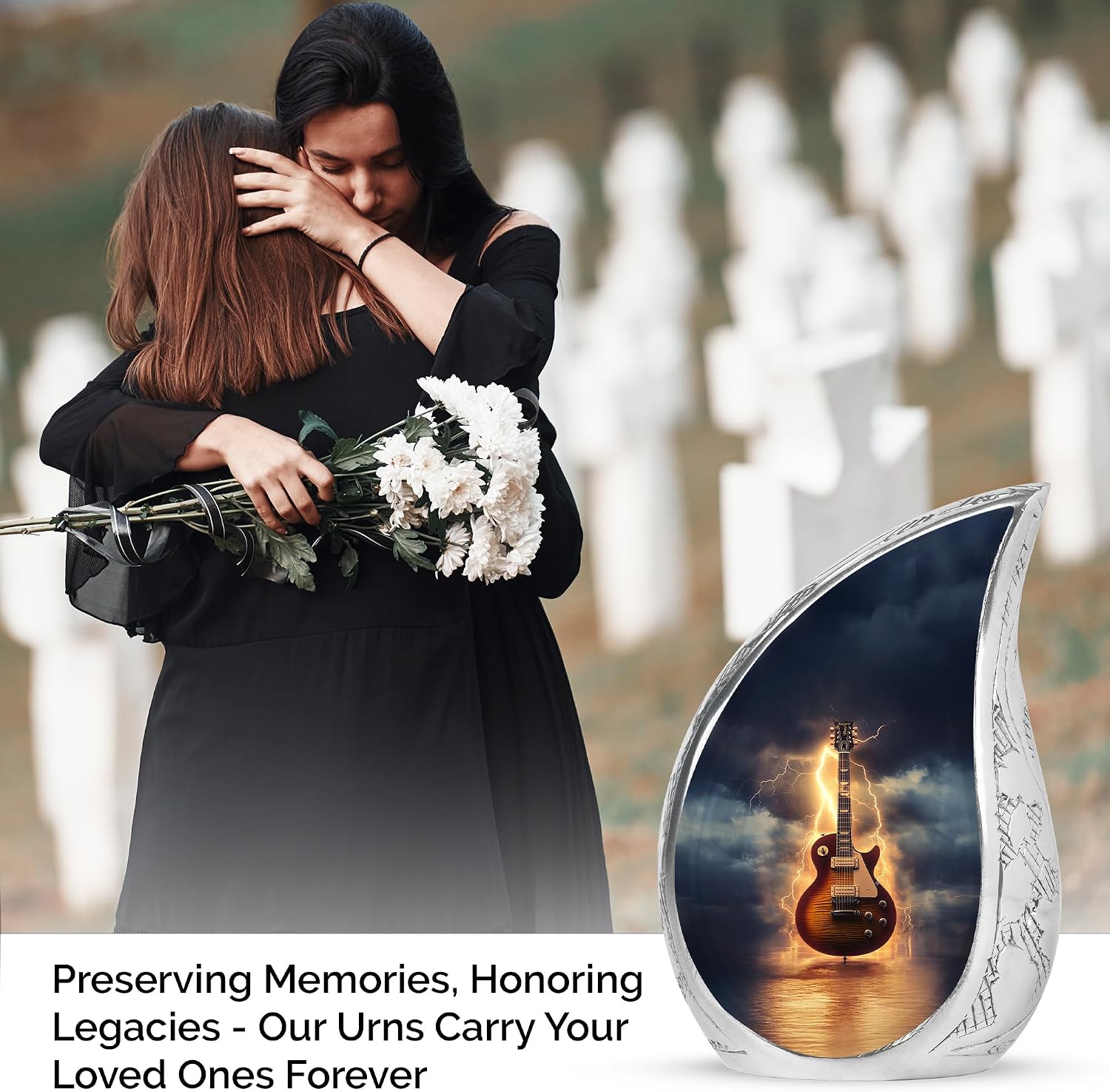 Guitar Memorial Urns for Human Ashes Adult Female - Black Teardrop Urns for Adult Male - 10 Inch Large Urn for Funeral Gift - Cremation Urn for Ashes for Women & Man