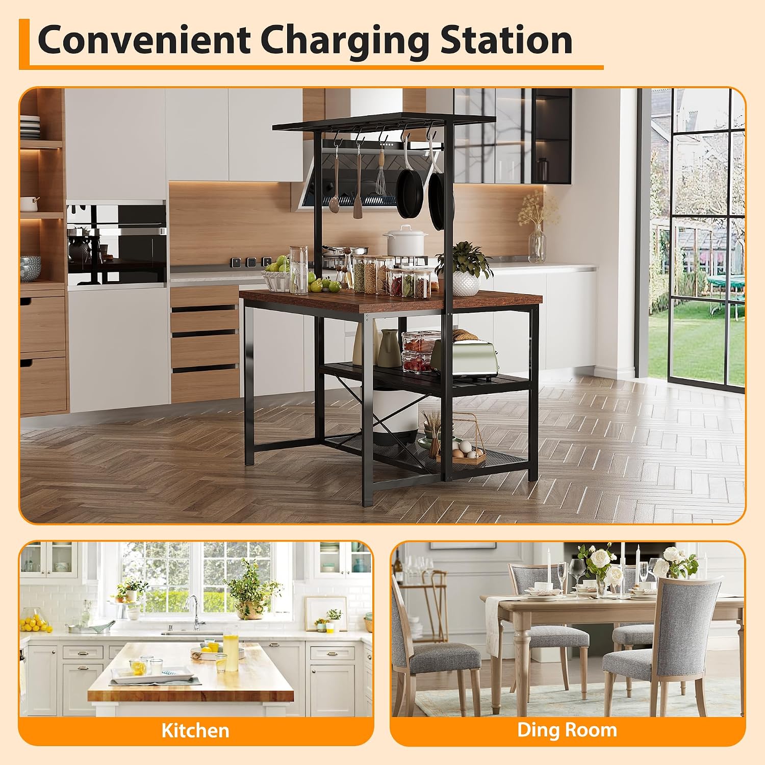 42' Kitchen Island with Storage, Multi-Functional Coffee Bar Station - 3-Tier Bakers Rack with Heavy Duty Steel Frame for Small Spaces (Farmhouse Style, Retro Color)