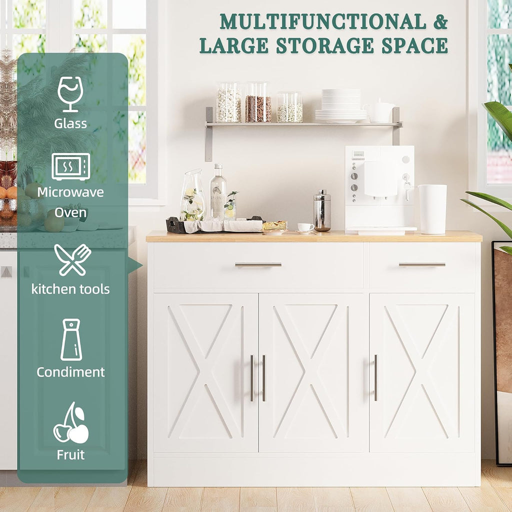 Shintenchi Modern Farmhouse Sideboard Buffet Cabinet with Storage with 3 Doors,42' Barn Doors Buffet Cabinet with Storage, Wood Coffee Bar Cabinets with Adjustable Shelf for Kitchen Living Room,White