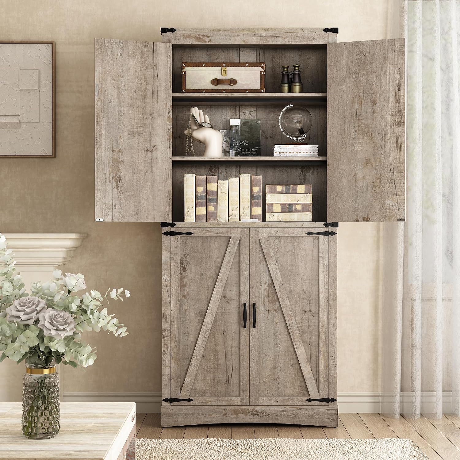 71' Tall Kitchen Pantry,Farmhouse Storage Cabinet with Adjustable Shelves,Load-Bearing Steel Pipe,Farmhouse Pantry Cabinet with 4 Barn Doors,for Kitchen,Dining Room,Living Room(Light Rustic Oak)