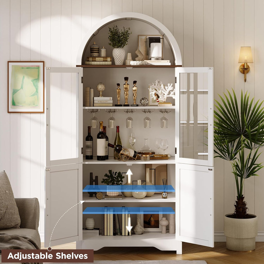 Maupvit Arched Wine Cabinet with Glass Door, 72' Tall Coffee Bar Cabinets with Wine Rack, Liquor Cabinet for Home, Kitchen Pantry Cupboard for Dining Living Room (White)