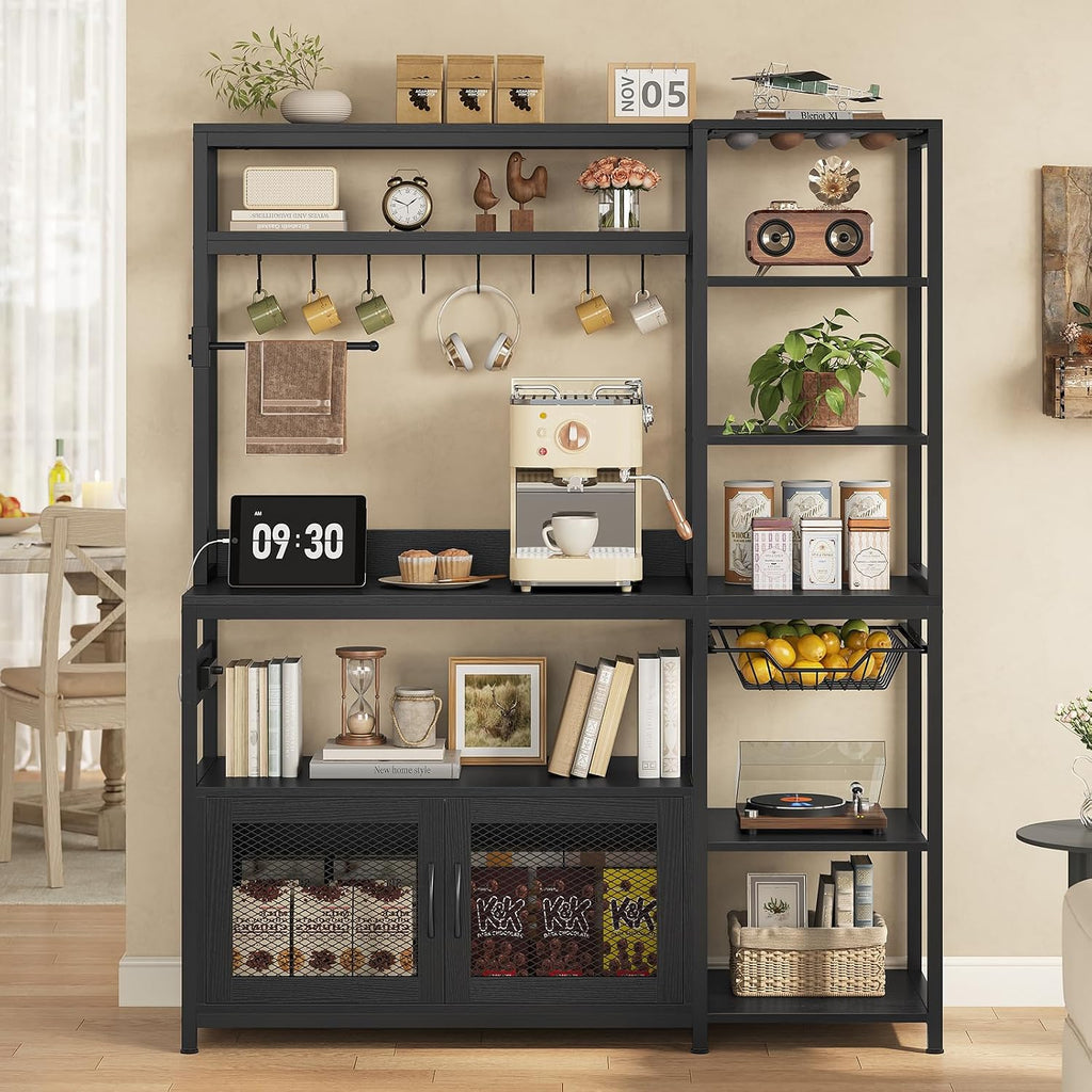 47.2 in Bakers Rack with Power Outlet & LED Light, Coffee Bar with Coffee Pod Holder for Vetuo, Kitchen Microwave Stand with Storage Shelves, Paper Holder, Cabinet, Wire Basket, 8 Hooks (Black)