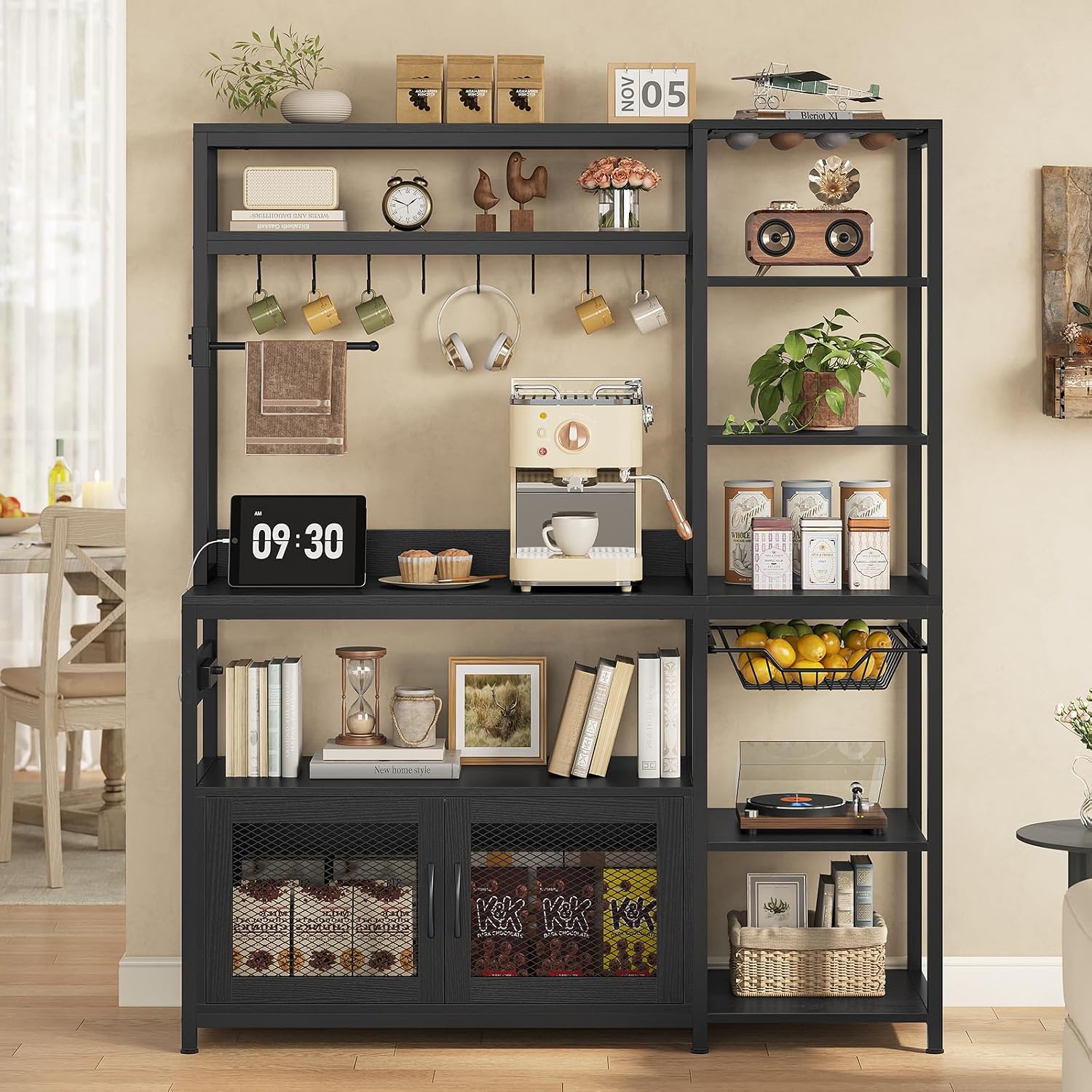 47.2 in Bakers Rack with Power Outlet & LED Light, Coffee Bar with Coffee Pod Holder for Vetuo, Kitchen Microwave Stand with Storage Shelves, Paper Holder, Cabinet, Wire Basket, 8 Hooks (Black)
