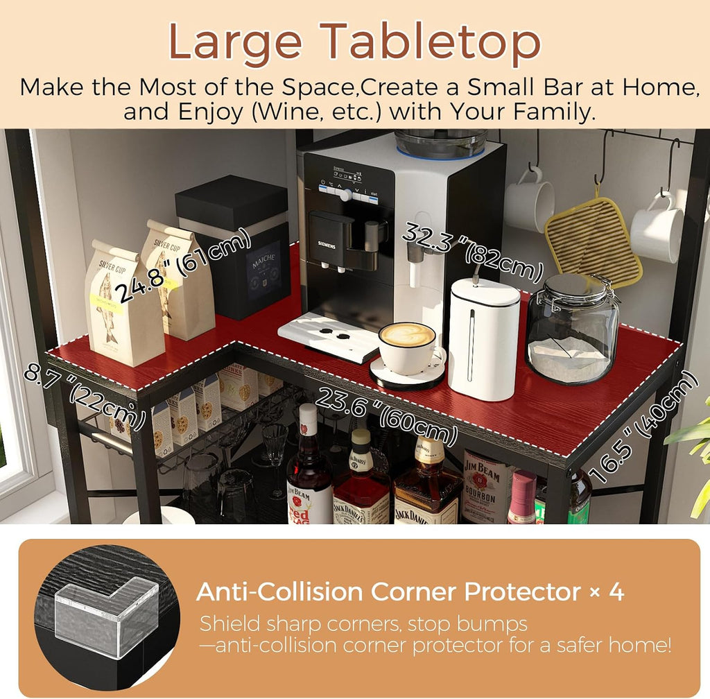 METYERRY L-Shaped Bakers Rack with Power Outlet,4-Tier Corner Microwave Stand with Storage,Coffee Bar Station with 6 Hooks, Kitchen Shelf with 2 Installation Methods,for Living Room,Office,Black