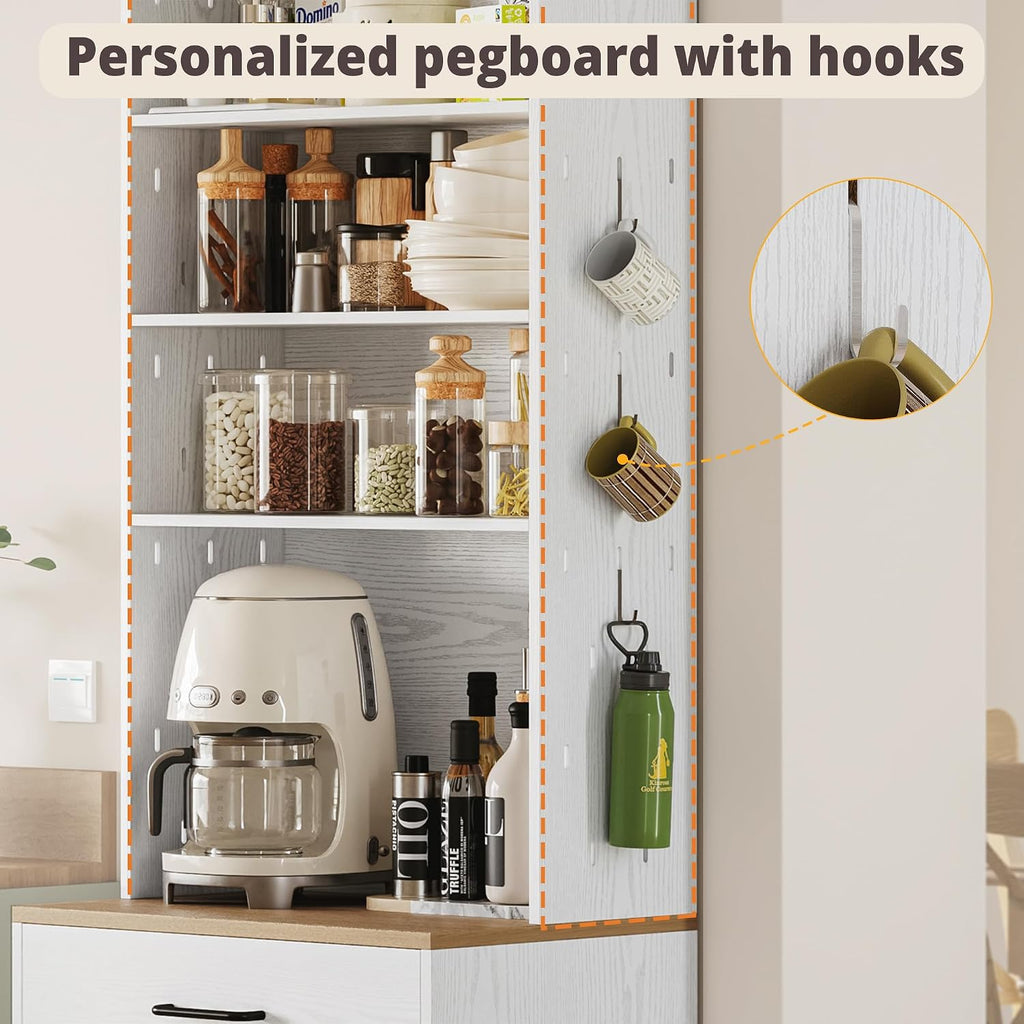 IRONCK Bakers Rack Microwave Stand with Customizable Pegboard and Storage, 71' Farmhouse Coffee Bar Cabinet with Drawer, Barn Doors, Adjustable Shelves for Kitchen, Dining Room, 23.6' White