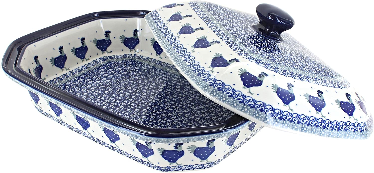 Blue Rose Polish Pottery - Blue Barnyard Rooster Large Covered Baker - 6 Cup Capacity - Unique, Dishwasher Safe, & Durable Bakeware
