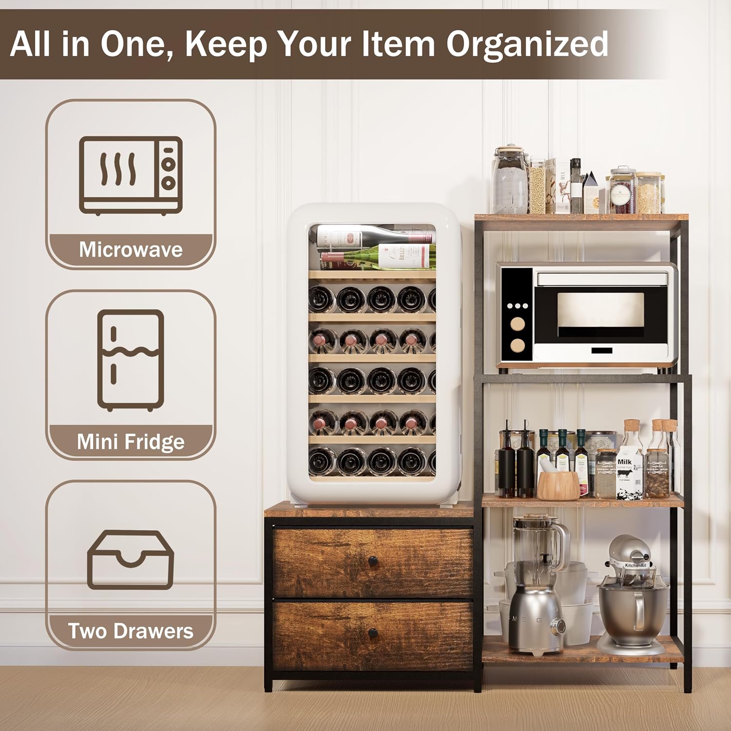 Mini Fridge Stand with Storage, Microwave and Mini Fridge Stand with Power Outlet, Coffee Bar, Kitchen Baker, for Dorm, Office(Brown)