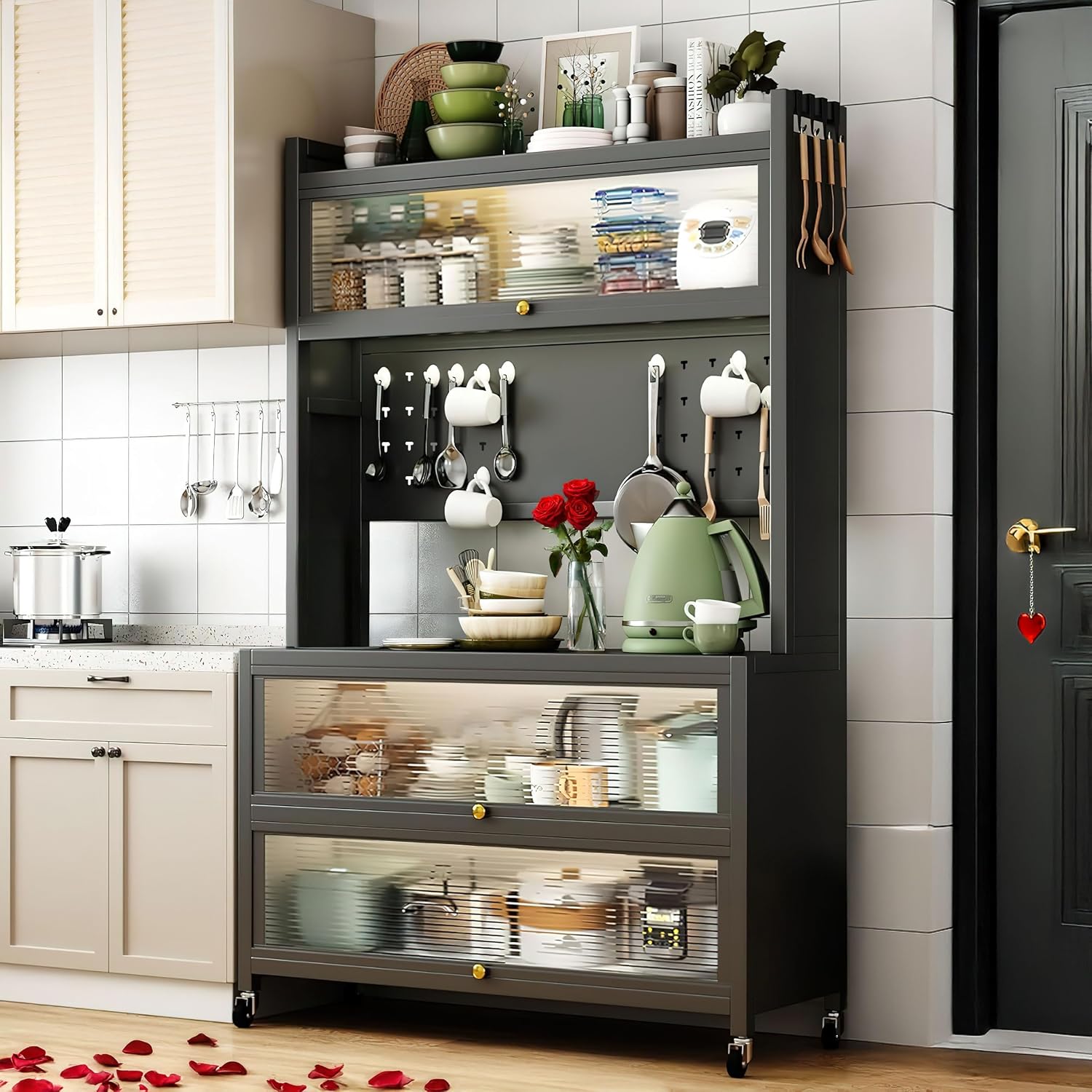 SunSettler Kitchen Pantry Storage Cabinet, 5 Tier Metal Sideboard with Wheels and Acrylic Glass Door, Modern Kitchen Storage Rack for Home, Office, Pantry, Garage (Black, 80cm)
