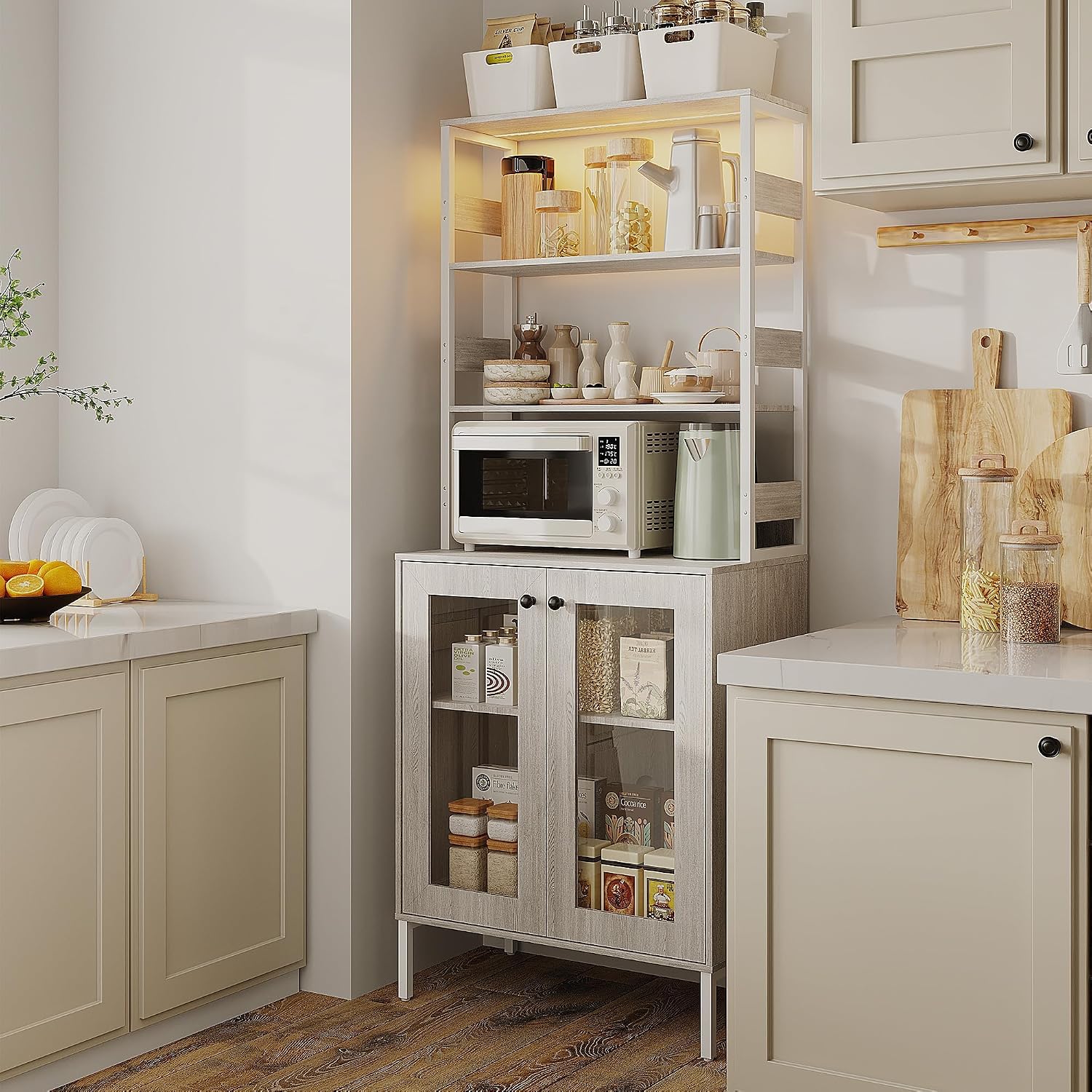 Towallmark 67 Inch Farmhouse Bakers Rack with Power Outlet & LED Lights, Kitchen Coffee Bar Cabinet Microwave Stand with Storage, Liquor Bar Cabinet with Adjustable Shelves and Hutch, Grey