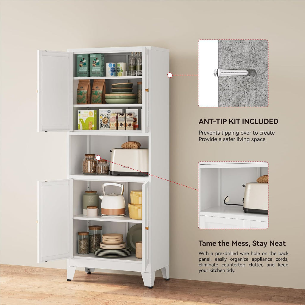 YAUWOH 69' Tall Metal Kitchen Pantry Cabinet with Microwave Shelf, 4 Doors & 3 Adjustable Shelves, Heavy Duty Food Storage Cabinet with Anti-Tip Design for Kitchen,Dining Room (1PC,White)