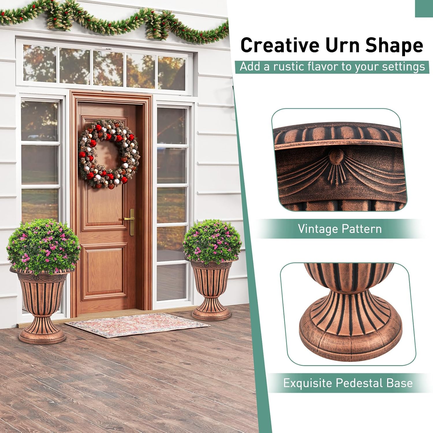 Giantex 18' Tall Vintage Planters Set of 4, Urn Plastic Flower Pots with/Pedestal Base & Pre-Marked Drain Hole, Indoor Outdoor Decorative Plant Containers for Front Porch Home Wedding (Bronze)