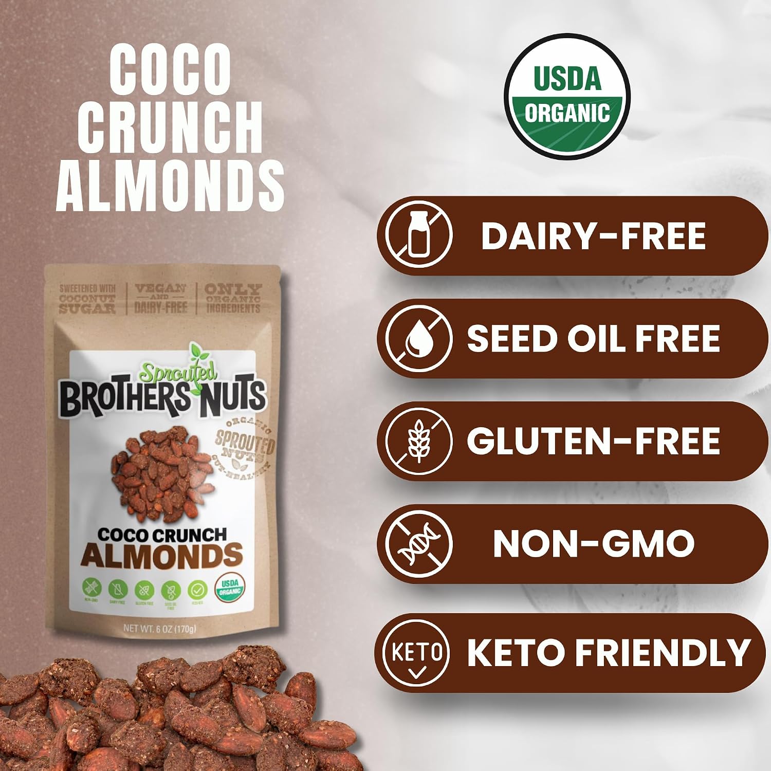 Brothers Nuts Coco Crunch Almonds – Organic, Sprouted Almonds – Healthy Keto Snack – Vegan, Gluten-Free, Kosher – No Preservatives (6oz (10 Pack))