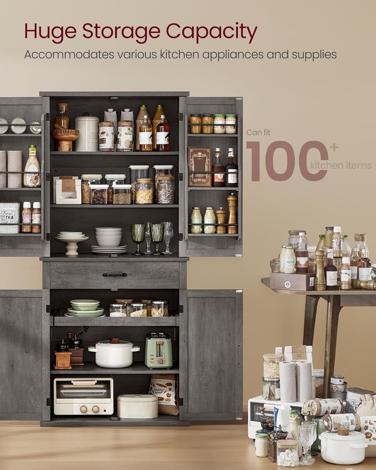 VASAGLE LIRY Collection - Pantry Cabinet, 70.3-Inch Tall Farmhouse Kitchen Storage Cabinet with Barn Doors, Drawer, Tray, Adjustable Shelves, for Kitchen, Dining Room, Misty Gray UBBK364G01