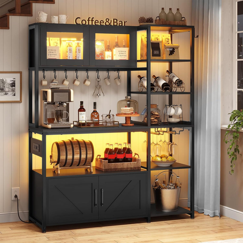 Itaar Bakers Rack with Power Outlet and LED Light, 45.3 Inch Farmhouse Coffee Bar Cabinet, Kitchen Microwave Stand with Storage, Glass Cabinet, Goblet Holder and 8 Hooks, Black