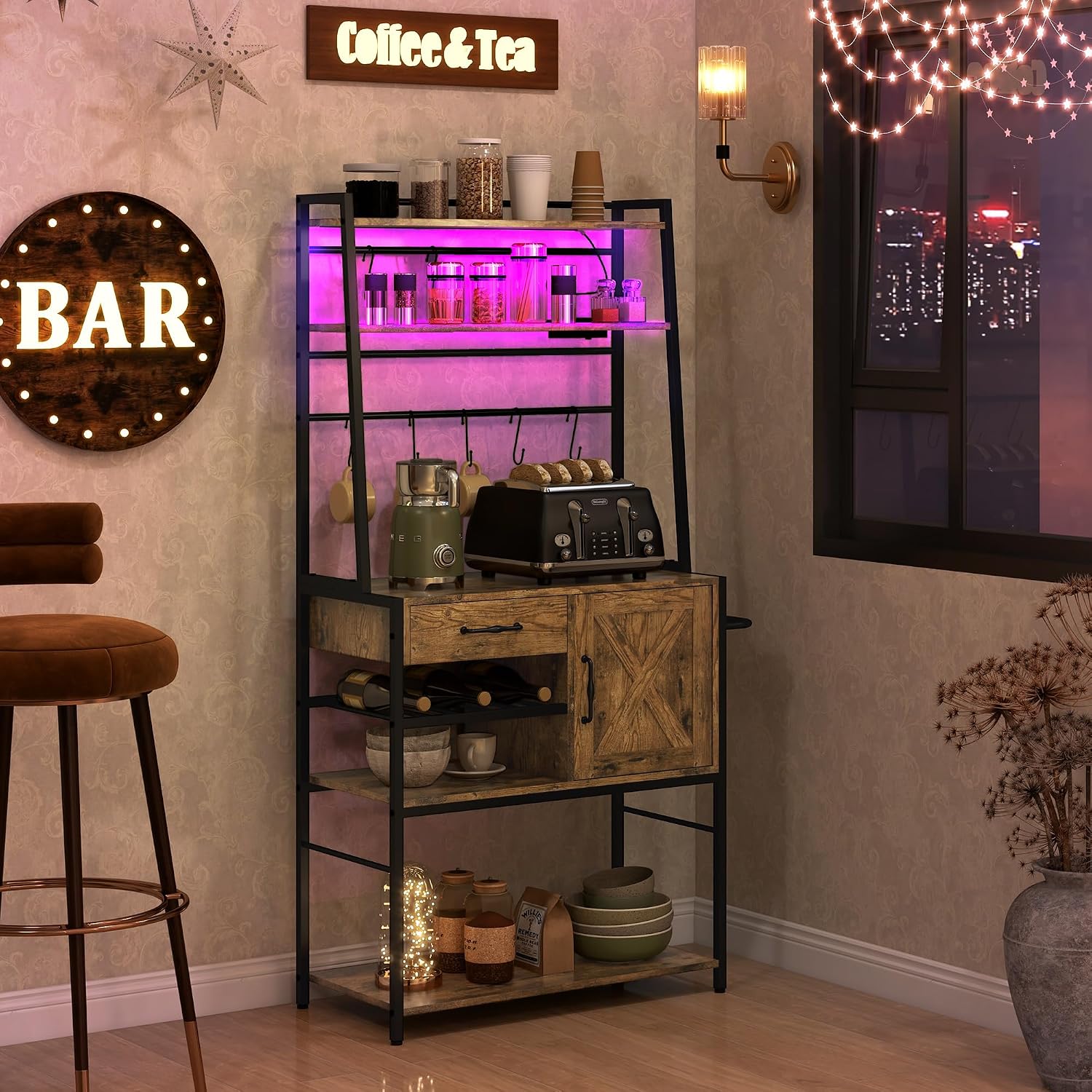 Baker's Rack with Power Outlet and LED Lights, Coffee Bar with Storage Shelves, Industrial Microwave Stand with Wine Bottle Rack, Drawer, Barn Door Cabinet, Rustic Brown