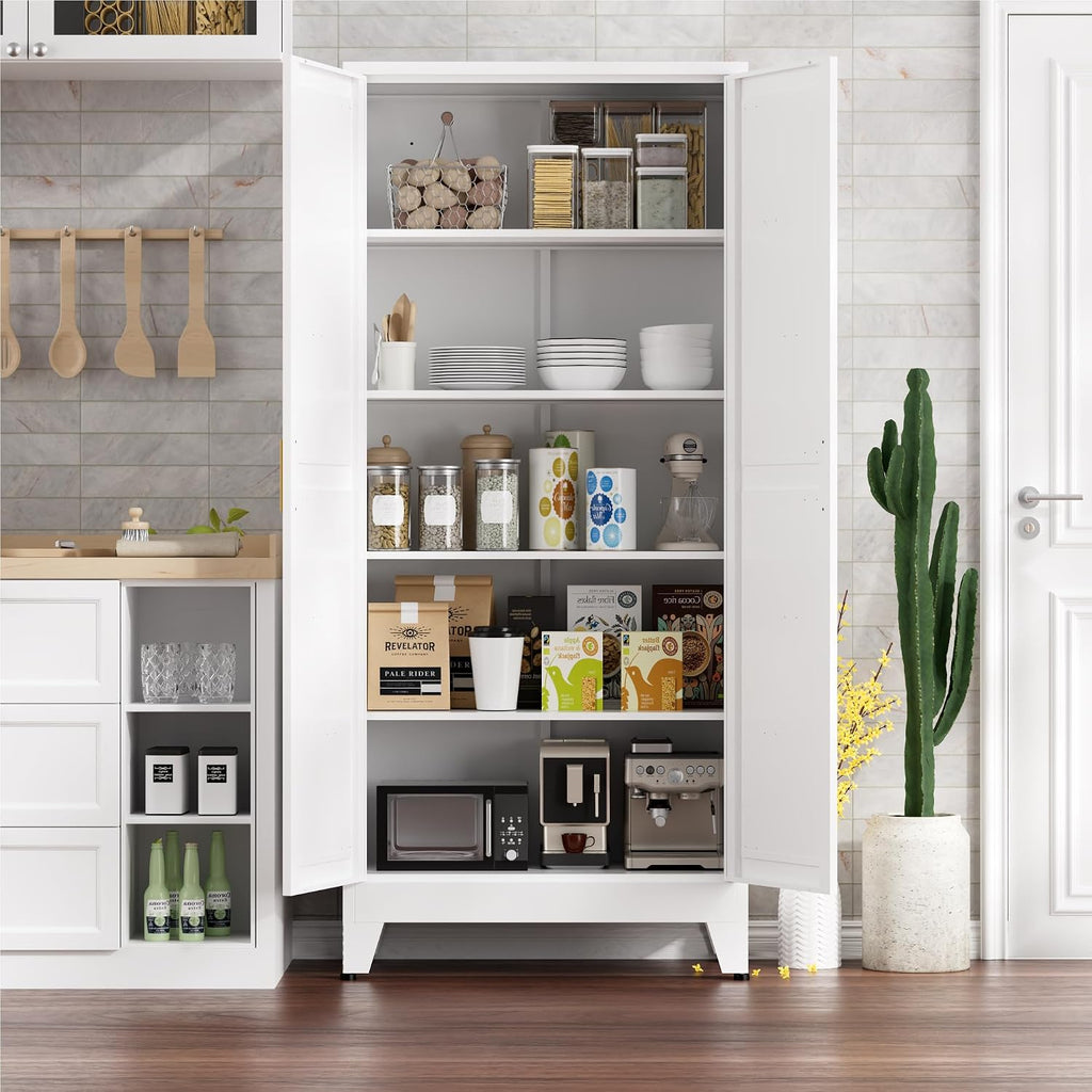 Kitchen Pantry Cabinet,71' H x 31.5' W,Metal Farmhouse Storage Cabinet with Adjustable Shelves and Barn Doors,5-Tier Storage Cabinet for Kitchen Dining Room Garage,White 1 Pack