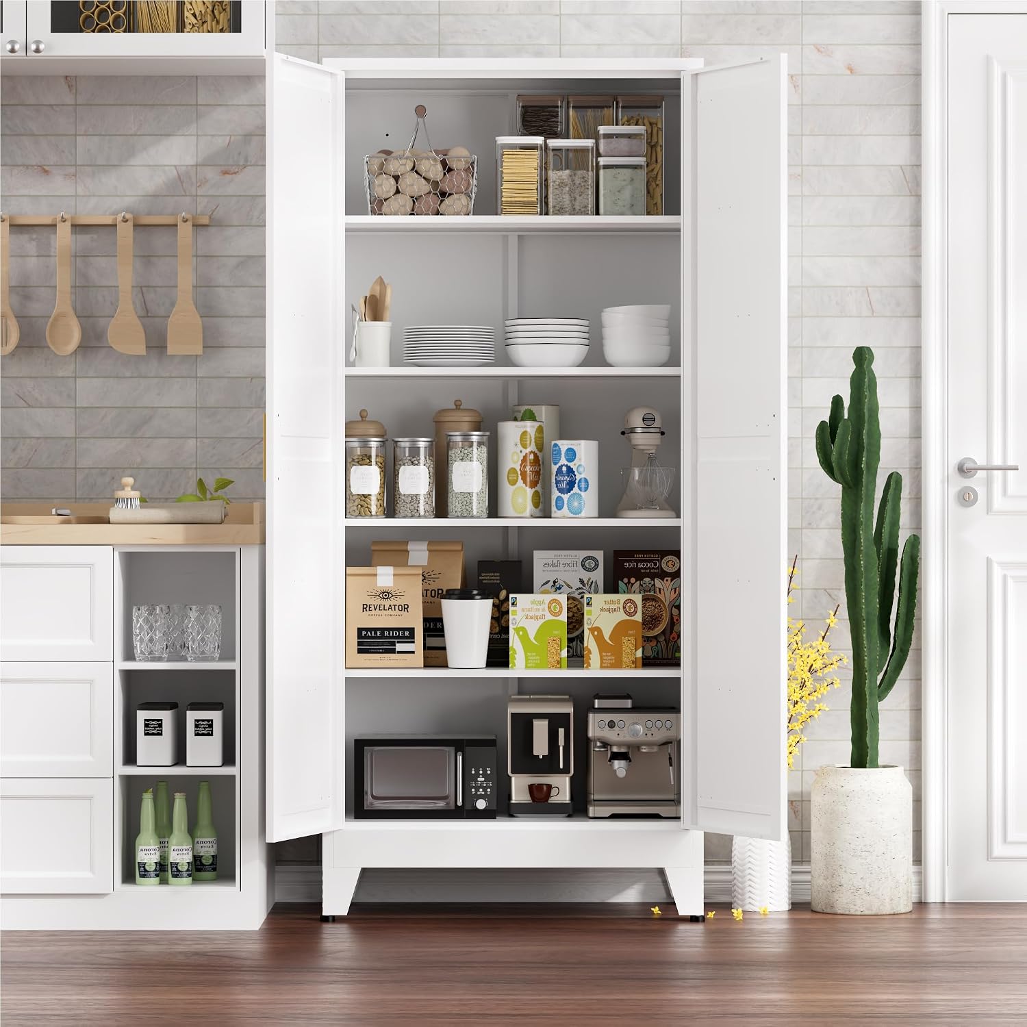 Kitchen Pantry Cabinet,71' H x 31.5' W,Metal Farmhouse Storage Cabinet with Adjustable Shelves and Barn Doors,5-Tier Storage Cabinet for Kitchen Dining Room Garage,White 1 Pack