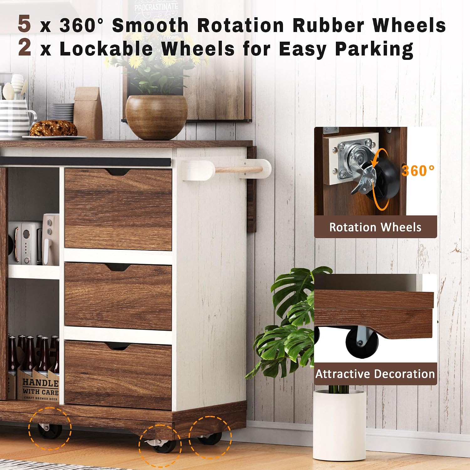 55.5' Farmhouse Kitchen Island with Drop Leaf, Barn Door and Power Outlet, Rolling Kitchen Cart on Wheels with Spice Rack, for Home, Kitchen, Dining Room (White+Brown)