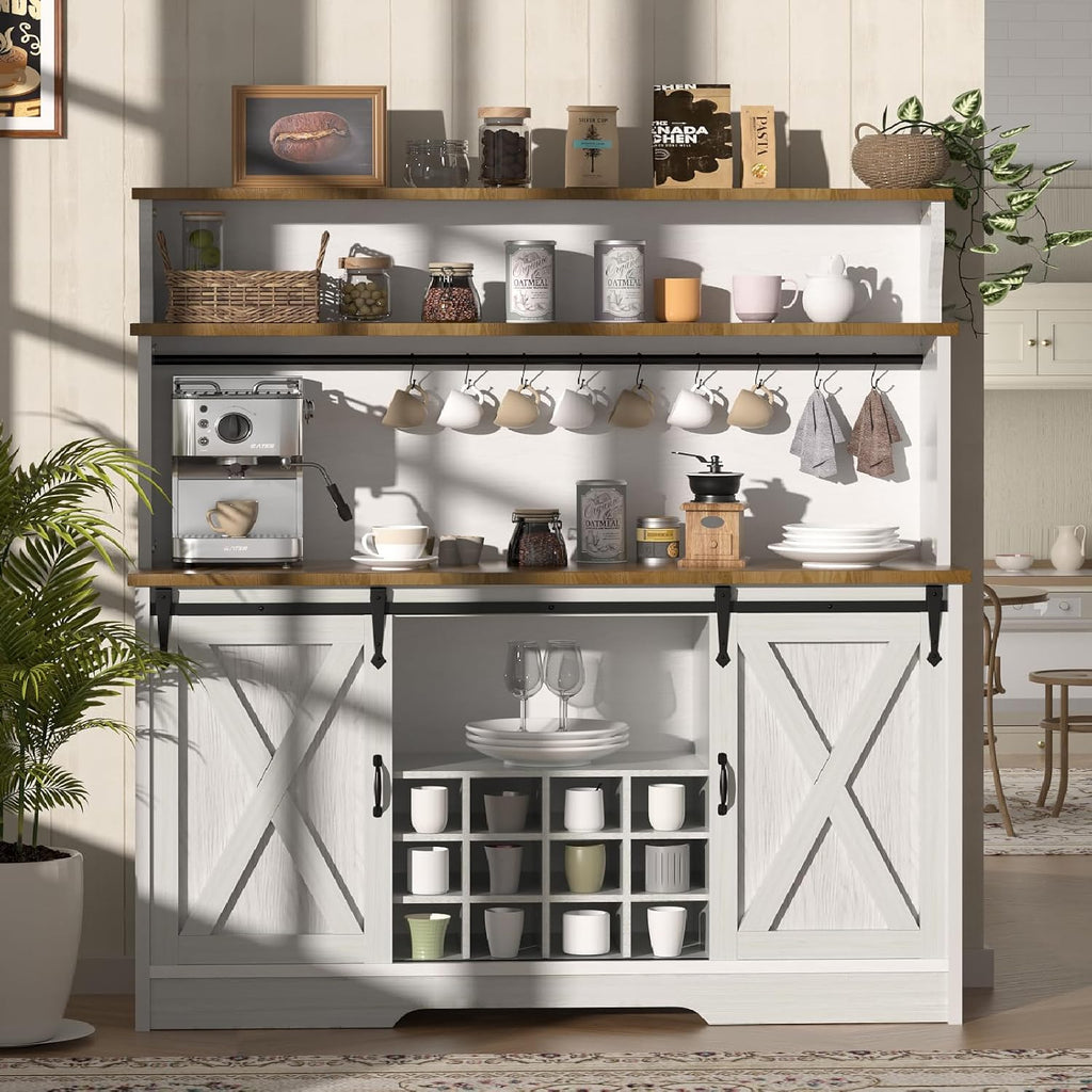 BestHaped 55'' Farmhouse Coffee Bar Cabinet with 3 Tier Storage Hutch, Coffee Bar Station with Sliding Barn Door, Hutch Storage Cabinet with 12 Wine Racks & 9 Hooks for Kitchen Dining Living Room