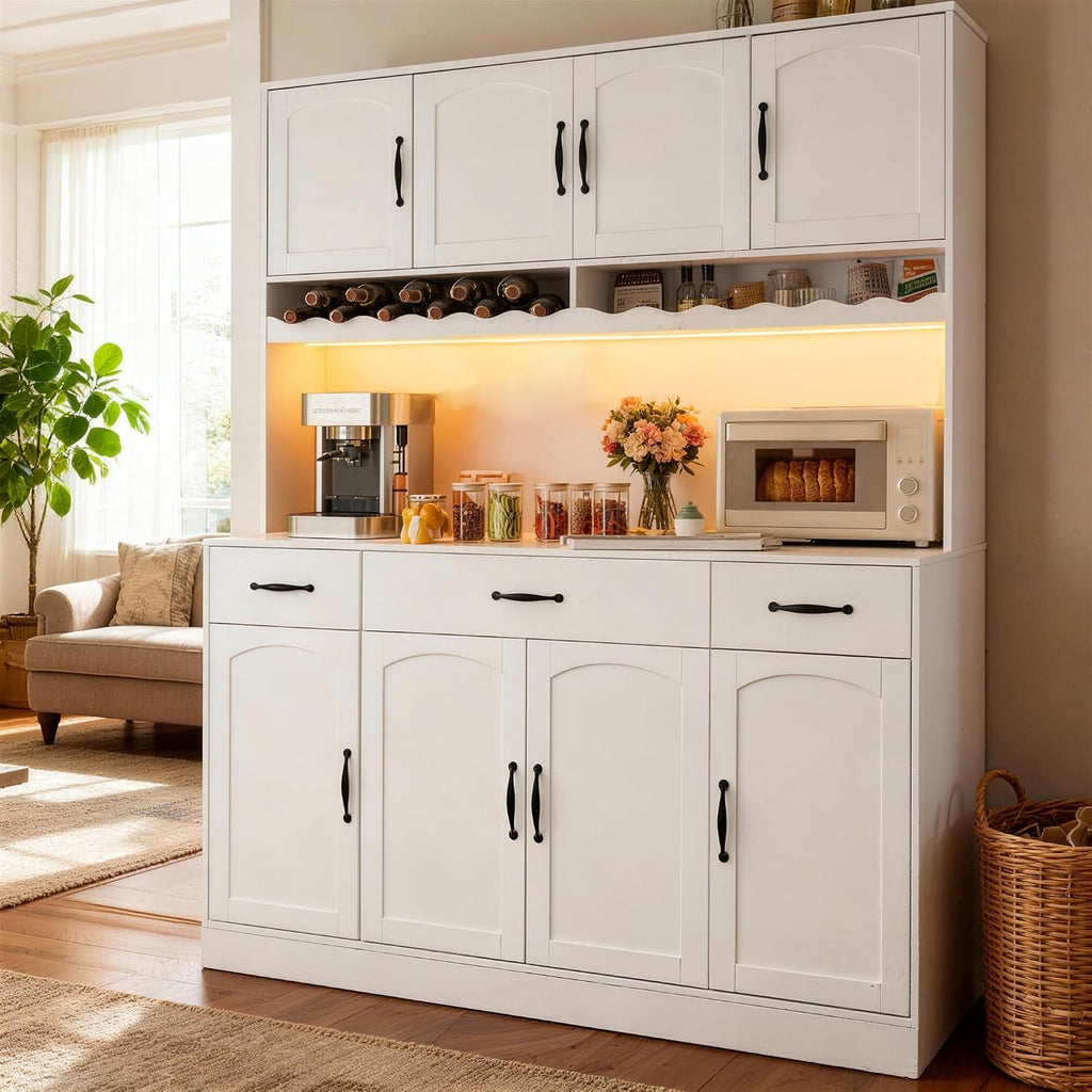 72' Tall Kitchen Pantry Cabinet with Charging Station 55' Wide Kitchen Hutch Cabinet with LED Light and Countertop Large Kitchen Pantry Storage Cabinet With Adjustable Shelves and Wine Rack