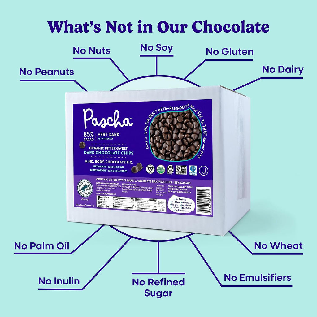 Pascha Organic Extra Dark Chocolate Chips - 85% Cacao Bittersweet - Vegan, Keto-Friendly Baking Chips - Rainforest Alliance Certified - No Dairy, Soy, Gluten or Nuts (10 lbs)