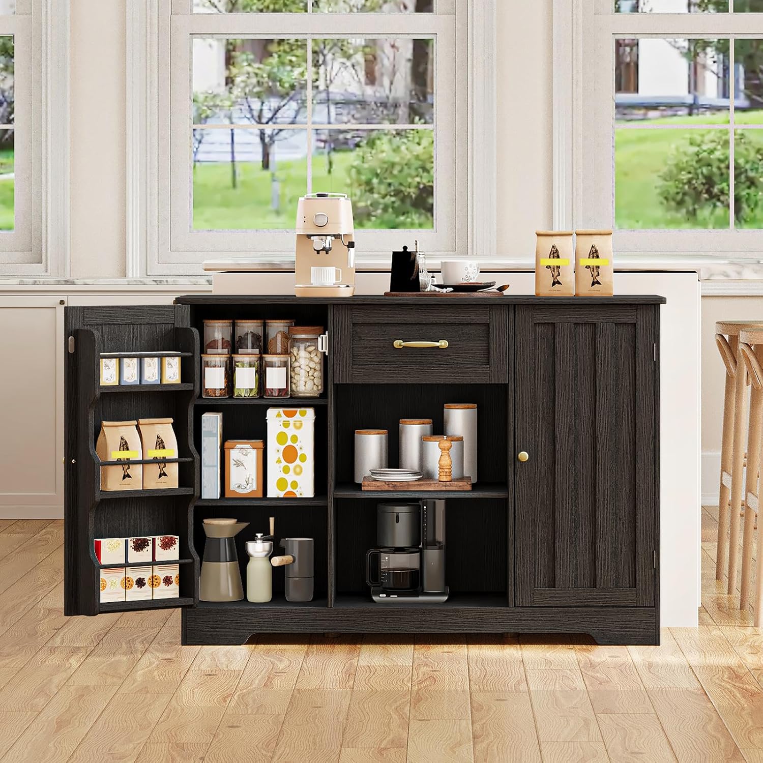 Gizoon 45' Coffee Bar Cabinet with Door and Shelves Kitchen Hutch with Countertop, Kitchen Buffer Cabinet with Storage for Bedroom and Living Room, Black