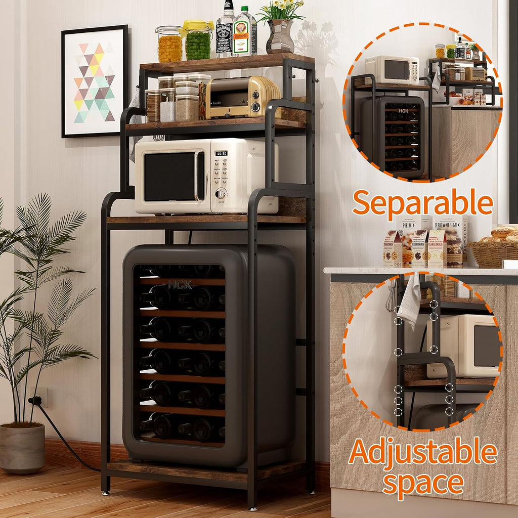 Mini Fridge Stand with Storage, Multifunctional 4-Tier Microwave Oven Stand with Adjustable Shelves and Hooks, Fridge Shelf & Bakers Rack with Power Outlet for Kitchen/Dorm/Living Room/Office, Black