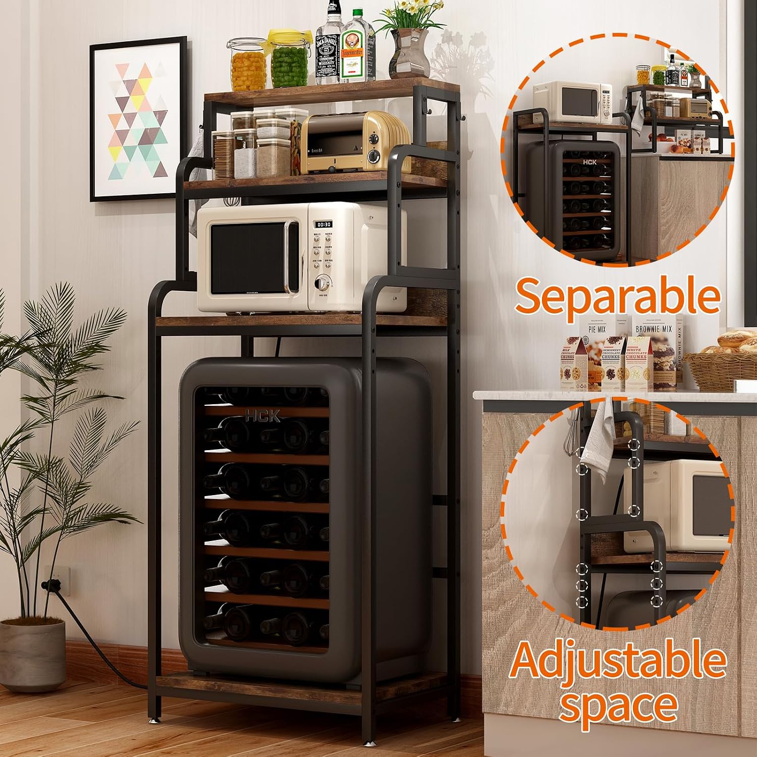 Mini Fridge Stand with Storage, Multifunctional 4-Tier Microwave Oven Stand with Adjustable Shelves and Hooks, Fridge Shelf & Bakers Rack with Power Outlet for Kitchen/Dorm/Living Room/Office, Black