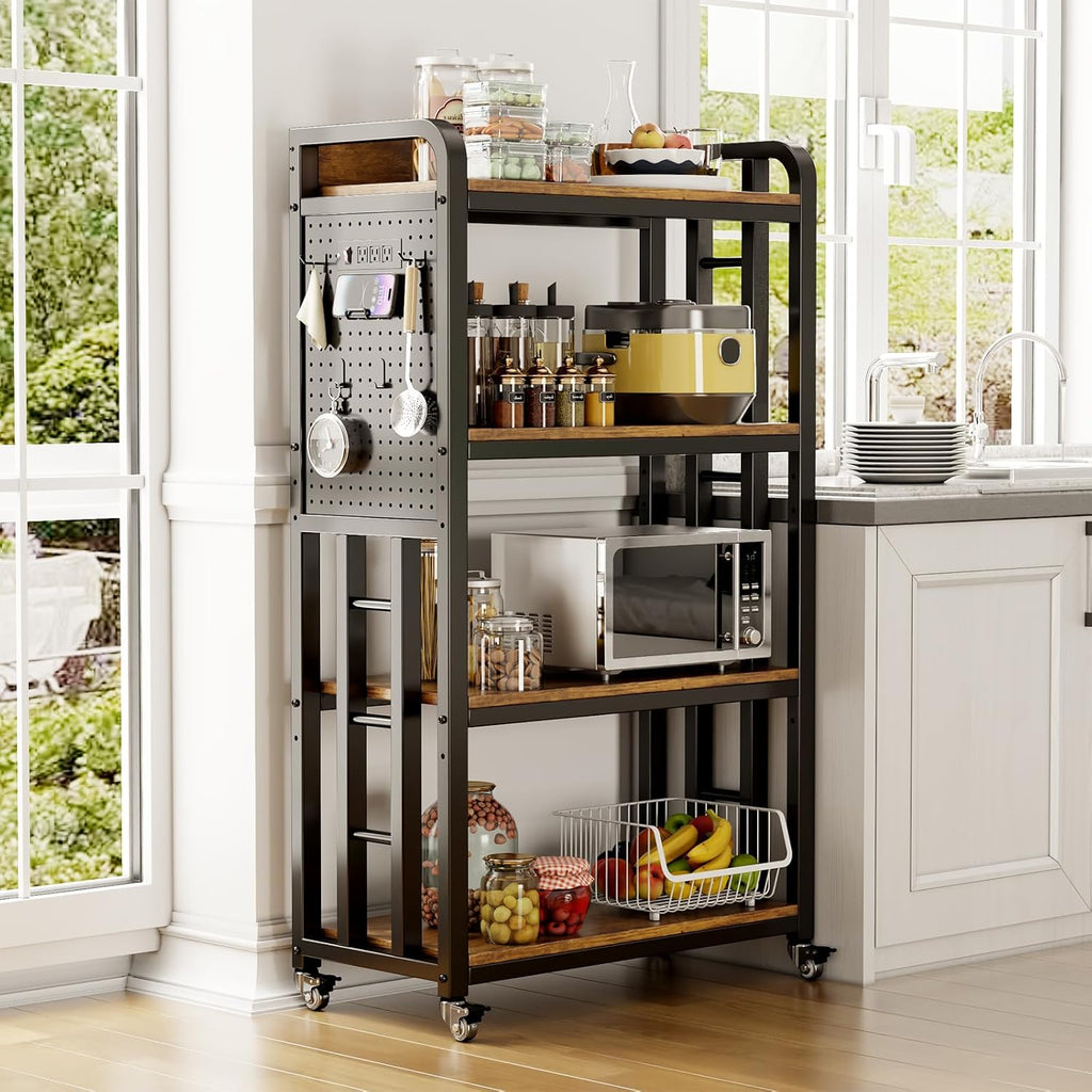Kitchen Bakers Rack with Power Outlet,With pegboard Bakers Racks,Microwave Oven Stand with Storage 4 Tiers,bakers rack with storage,microwave cart,for Kitchen,Coffee Bar(Vintage Brown,15.75x25.2x55)