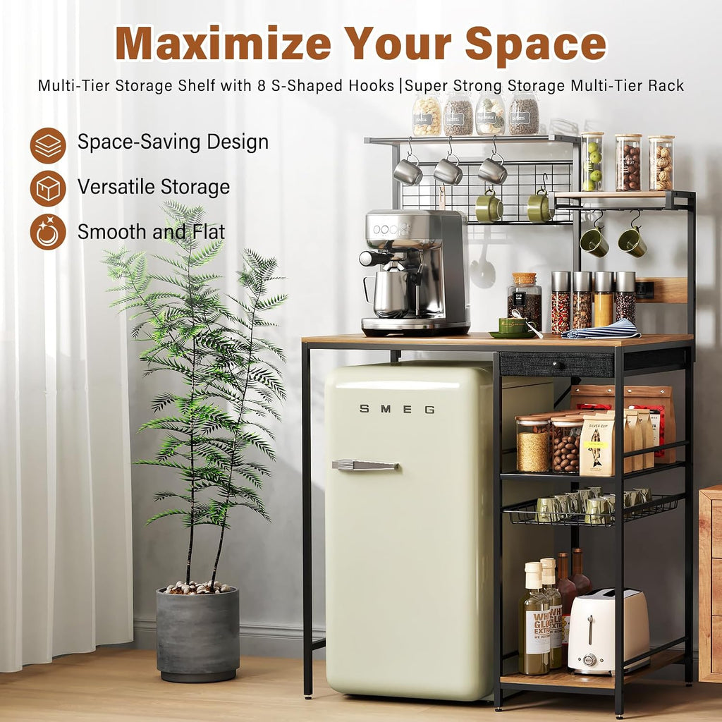 CozyDH Bakers Rack with Power Outlet, Kitchen Microwave Shelf with Storage Shelves, Wood Coffee Bar with Wire Basket and 8 S-Shaped Hooks, Rustic Brown 35.4 Inches