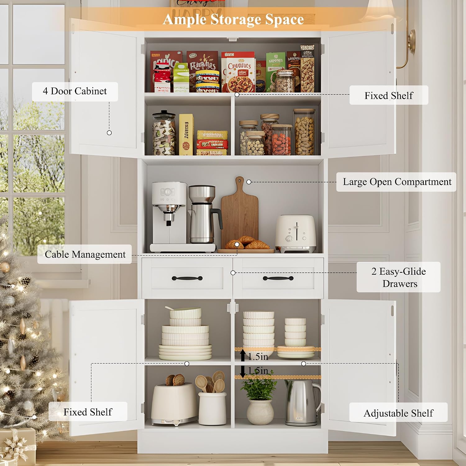 HOSTACK 71' Tall Kitchen Pantry Storage Cabinet, Modern Kitchen Hutch Bar Cabinet with Microwave Stand, Wood Buffet Sideboard with Hutch, Cupboard with Drawers, Shelves for Dining Room, White