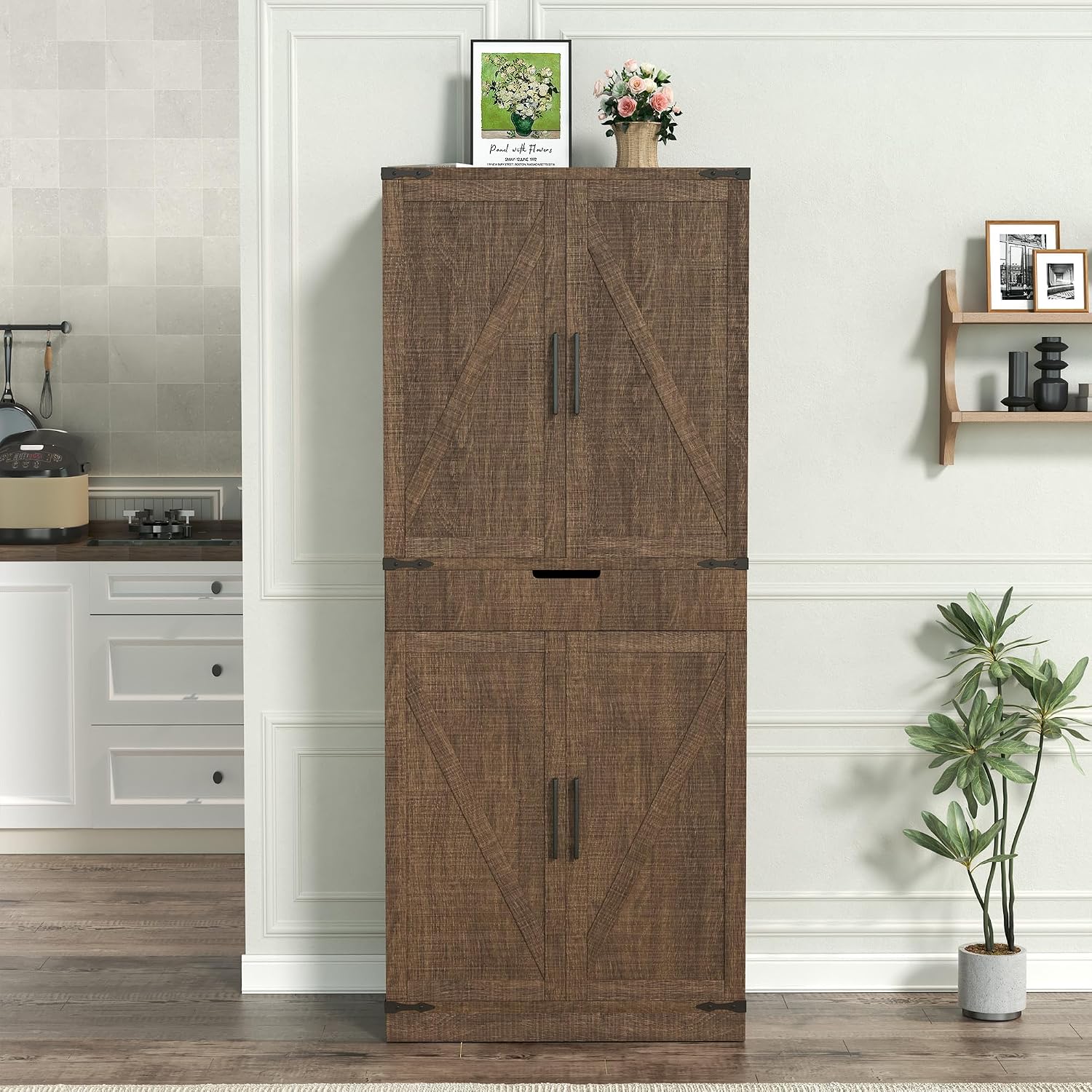 GRUSIGN 72' Kitchen Pantry Storage Cabinet with Doors and Shelves, Wood Farmhouse Pantry Storage with Barn Doors for Kitchen, Dining Room, Living Room, Dark Brown