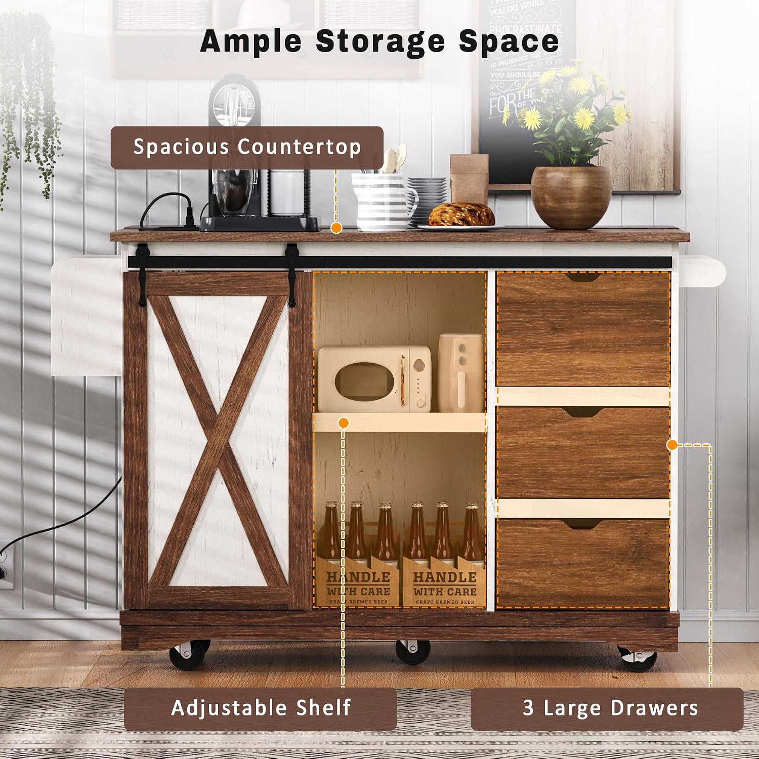 55.5' Farmhouse Kitchen Island with Drop Leaf, Barn Door and Power Outlet, Rolling Kitchen Cart on Wheels with Spice Rack, for Home, Kitchen, Dining Room (White+Brown)
