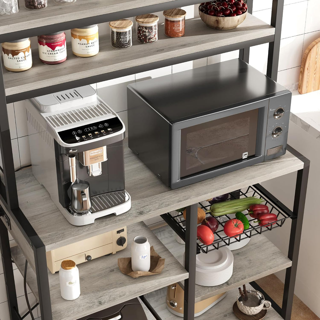 Bakers Rack with Power Outlet, 5-Tier Microwave Stand with Wire Basket, Coffee Bar Station, Kitchen Open Storage Shelves for Spices, Dishes, Gray
