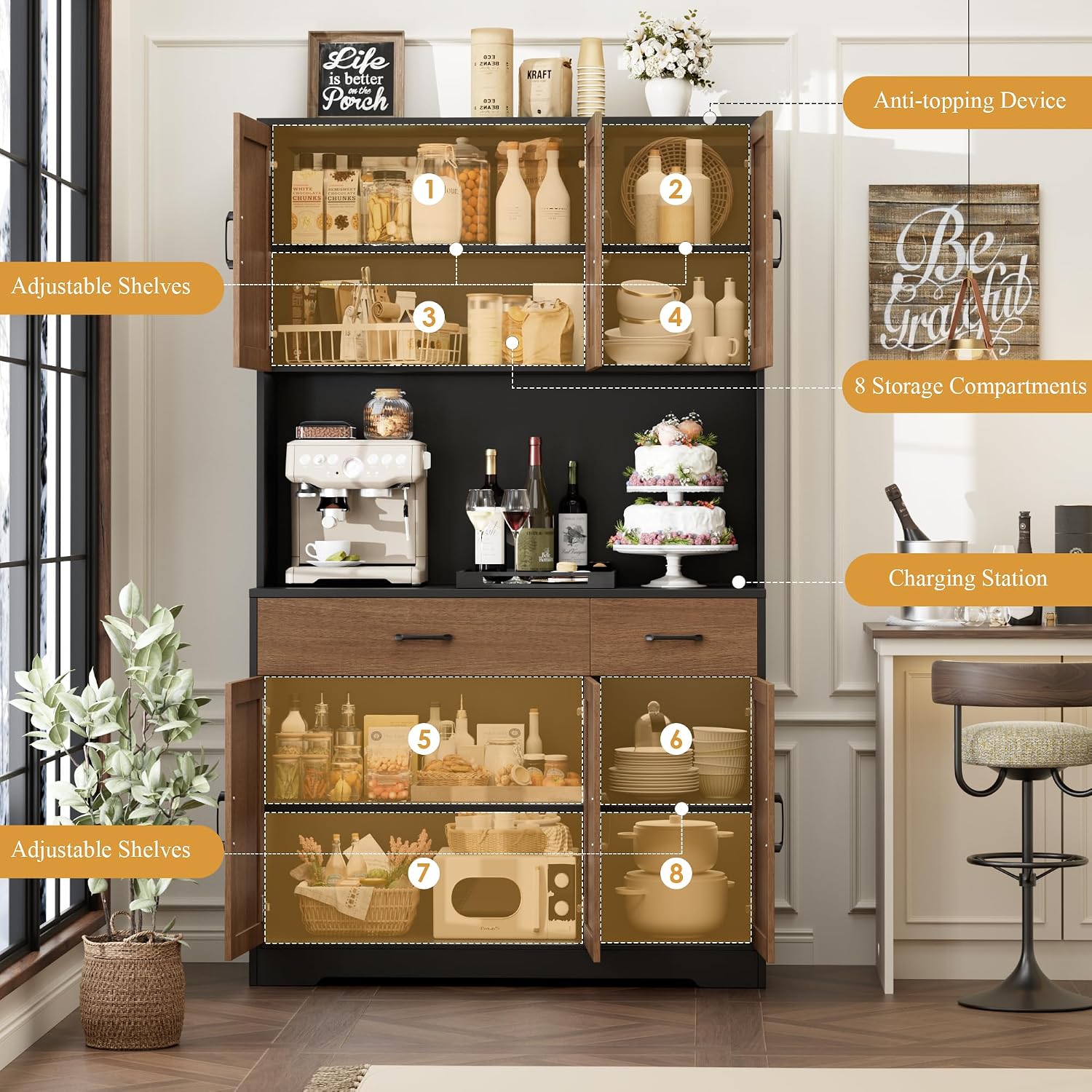 HOSTACK 71' Pantry Cabinet with Charging Station, Tall Kitchen Pantry Storage Cabinet with Microwave Stand, Farmhouse Kitchen Hutch with Storage Drawers for Living Room, Dining Room, Brown/Black