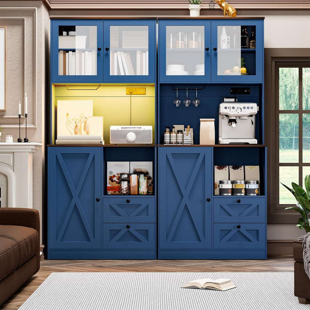 71''Kitchen Pantry Storage Cabinet with LED Lights and Power Outlet, Tall Farmhouse Kitchen Hutch with Microwave Stand,Globet Hooks and Adjustable Shelf for Dining Living Room,Blue