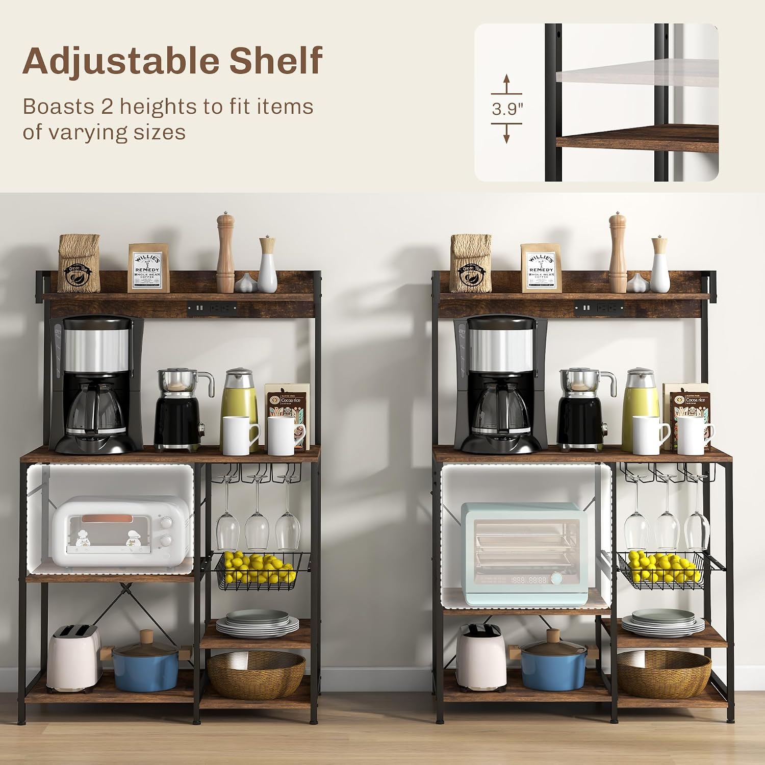 Rack with Power Outlet and LED Lights, Bakers Racks for Kitchens with Storage, Industrial Microwave Stand with Glass Holders, Metal Basket, Multiple Shelves, Rustic Brown