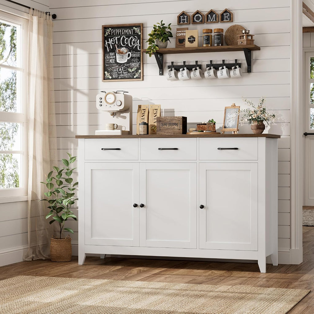 HORSTORS 47' Buffet Cabinet with Storage, Kitchen Buffet Table with Drawers, Modern Farmhouse Coffee Bar Storage Cabinet with Adjustable Shelf, Wood Sideboard for Dining Room, Kitchen, Entryway, White