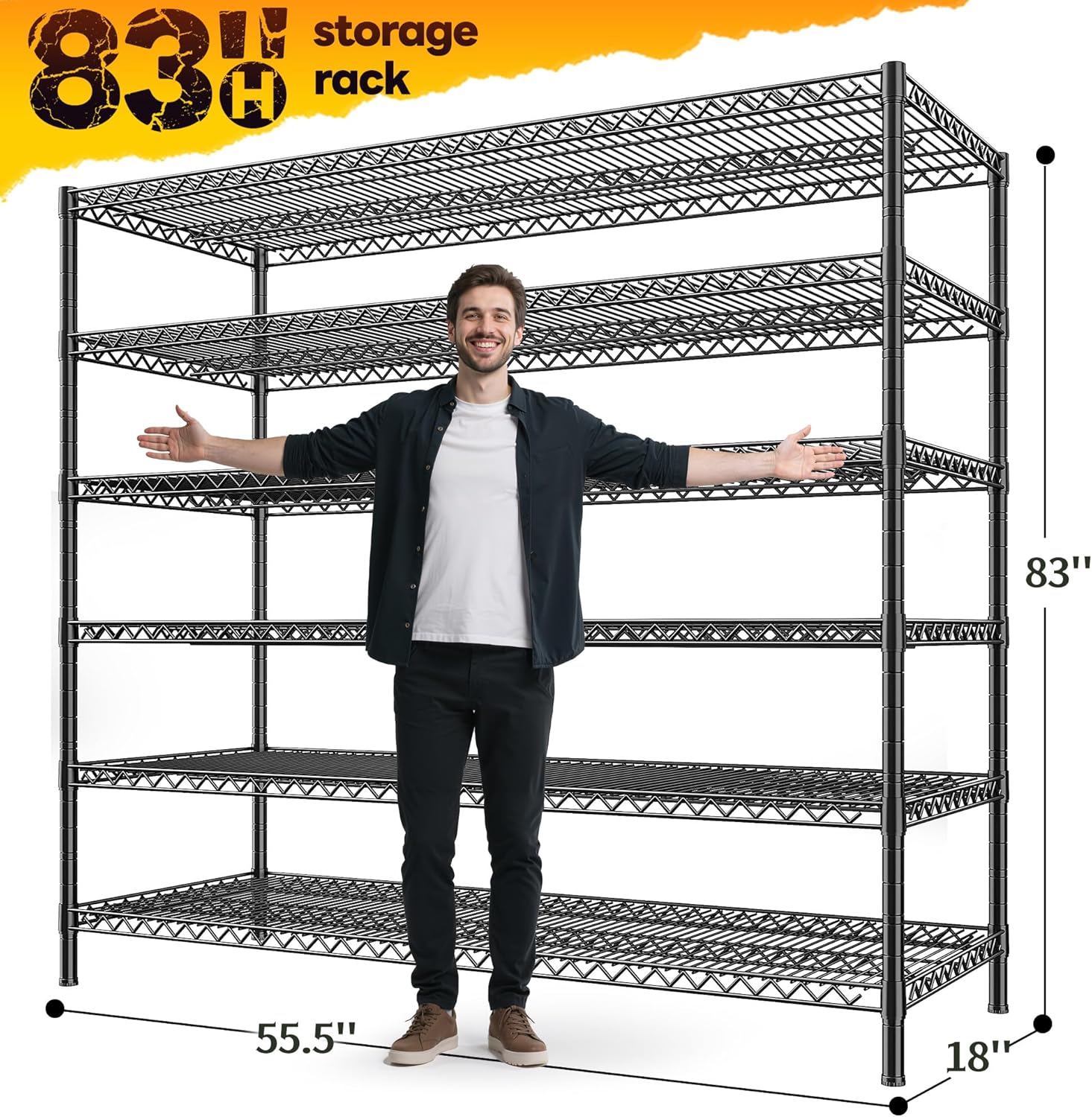 REIBII 83' H Storage Shelves 3840LBS Metal Shelving Unit 6 Tier Wire Shelving Commercial Adjustable Garage Shelving Heavy Duty for Storage Rack for Pantry, Garage, Kitchen, 83' H x 55.5' W x 18' D