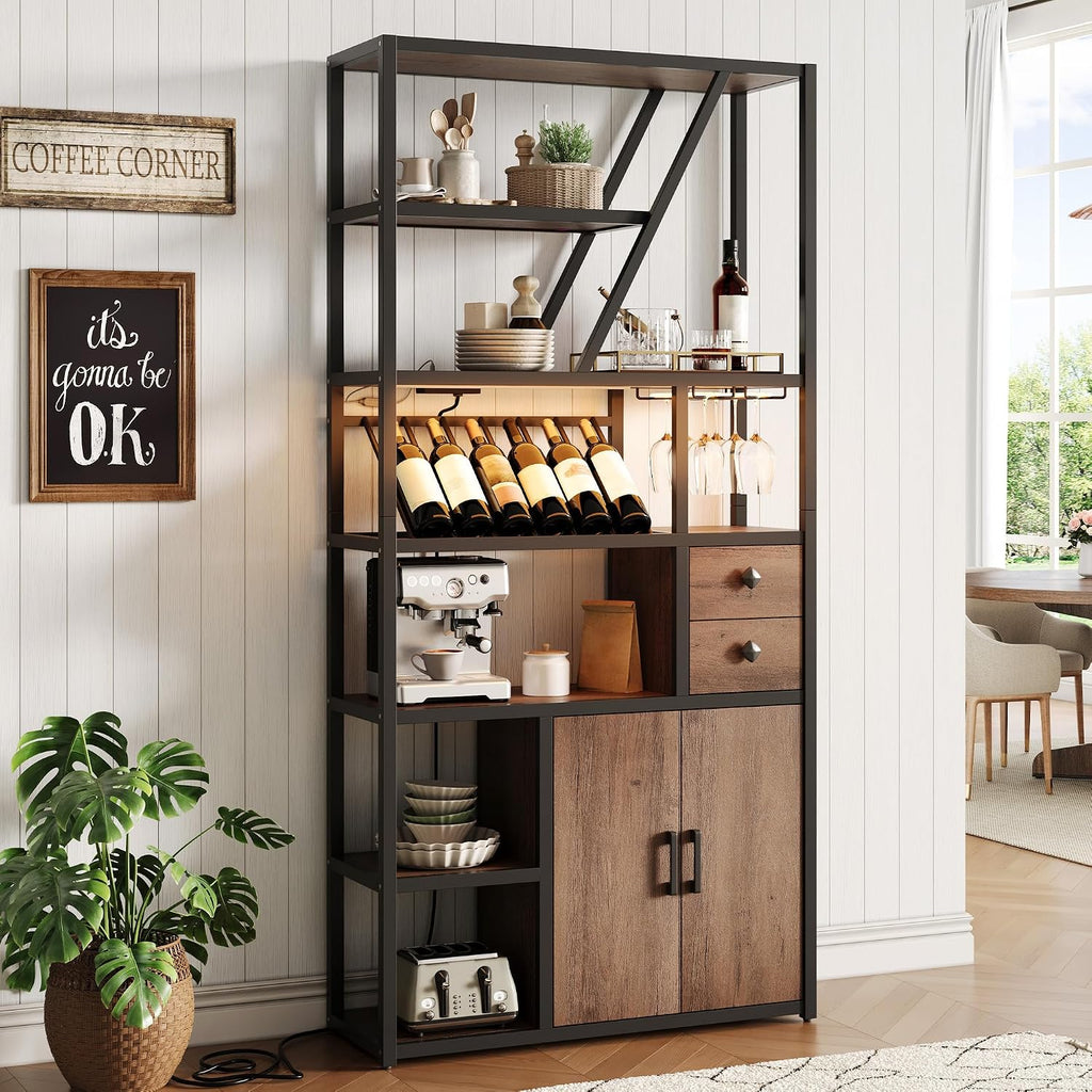 Wine Bar Cabinet with LED Lights, Tall Coffee Bar Station with Power Outlets, Wine Rack, Kitchen Microwave Stand Bakers Rack Cabinet for Living Room - Power Outlets Convenience