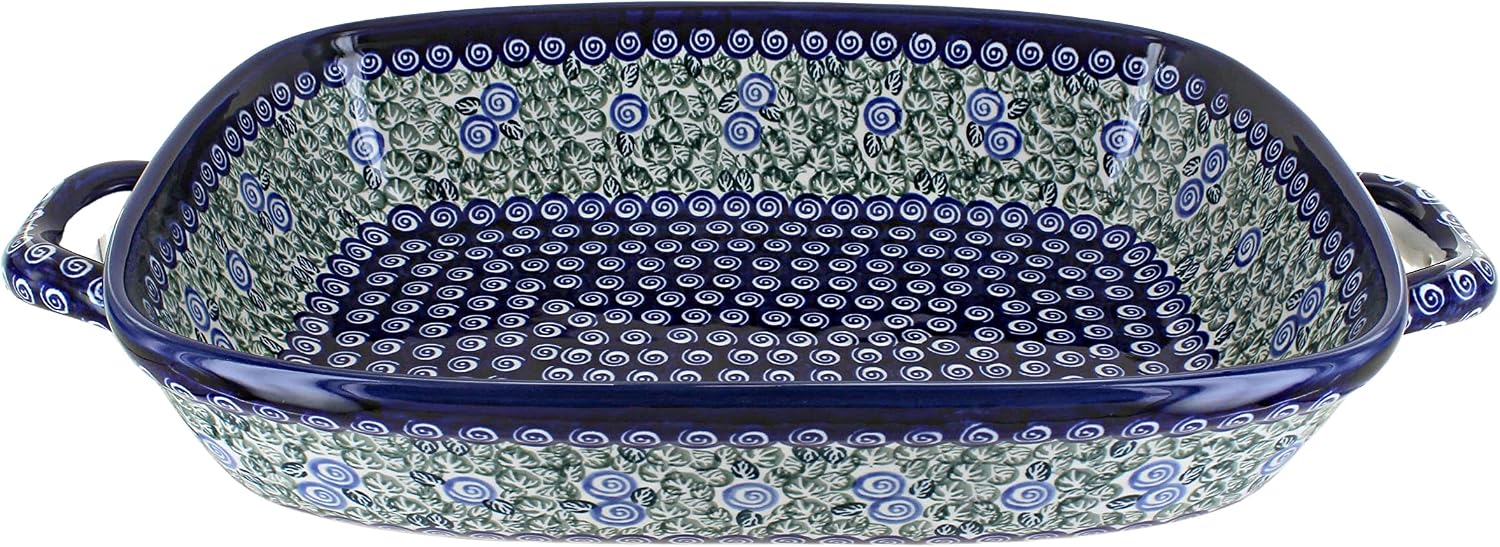 Blue Rose Polish Pottery - Green Seaside Swirl Large Baker with Handles - 14.5' x 10.75' - Unique, Dishwasher Safe, & Durable Bakeware