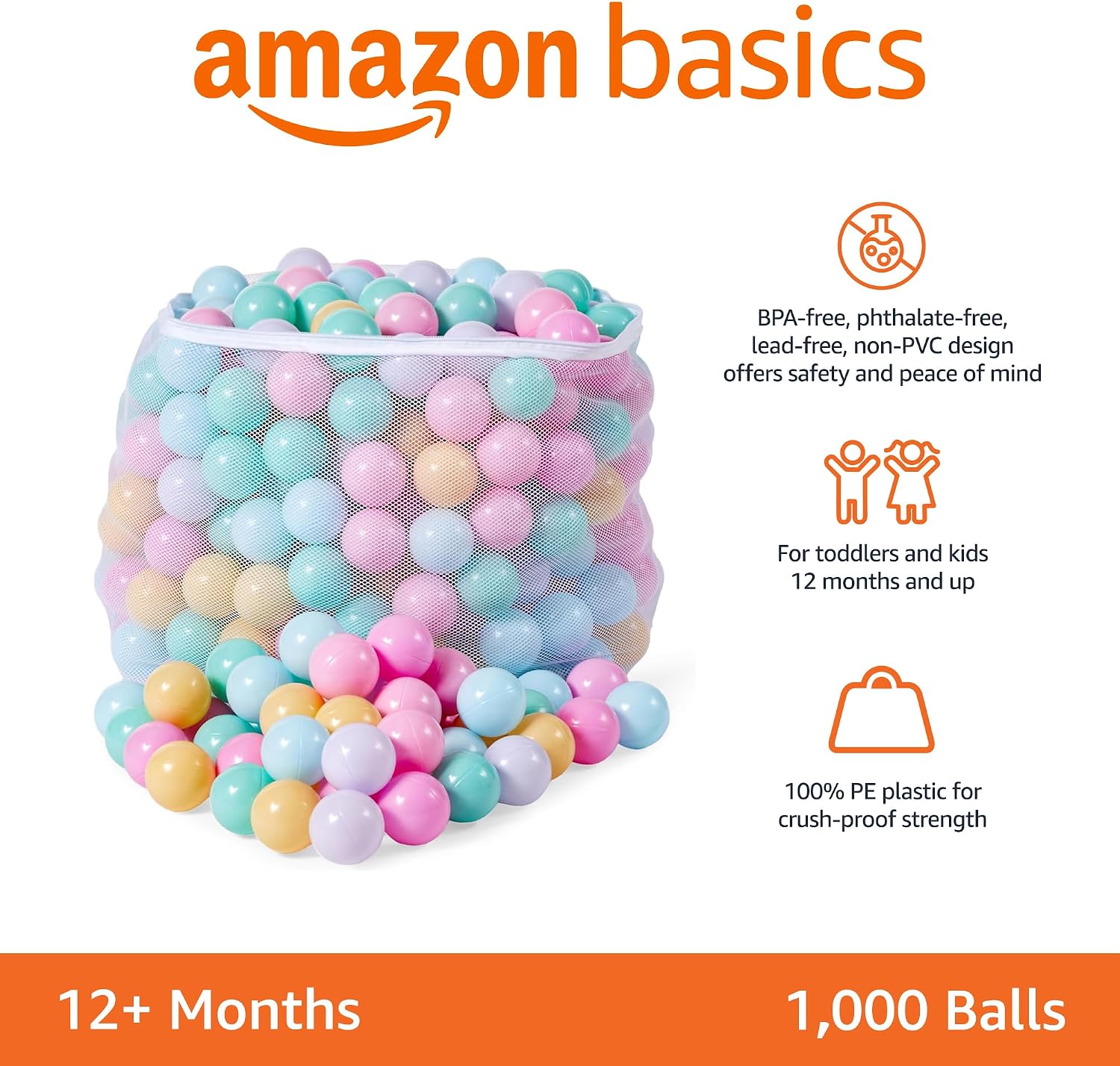 Amazon Basics BPA-Free Ball Pit Balls with Storage Bag, Crush-Proof Plastic for Toddlers Kids 12+ Months Play, 6 Pastel Colors, 1000 Count