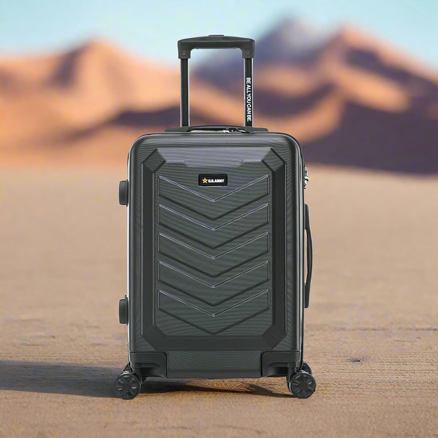 US Army Fox 20 inch Carry-On Hardside Luggage with Spinner Wheels | Lightweight Small Suitcase for Travel | Chevron Icon, Gel Handle, Side Studs, Retractable Trolley, Heavy Duty | Black