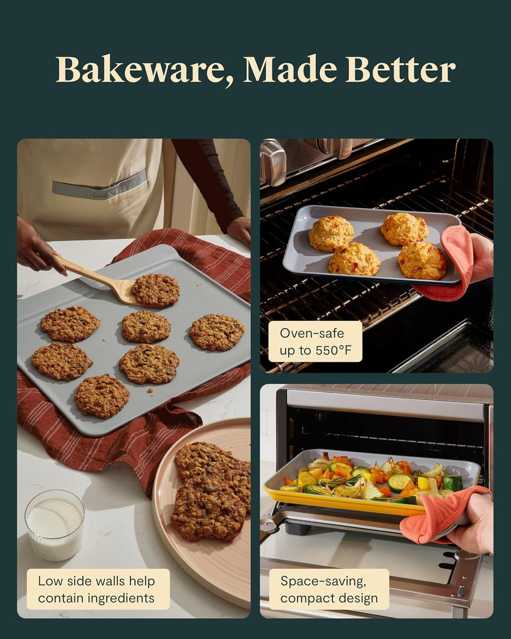 Caraway Non-Stick Ceramic Baking Sheet Trio and Cookie Sheet Set - 18 x 13' Large, 15 x 10' Medium & 9' x 13' Small Baking Trays for Oven - Non-Toxic, PTFE & PFOA Free - Slate