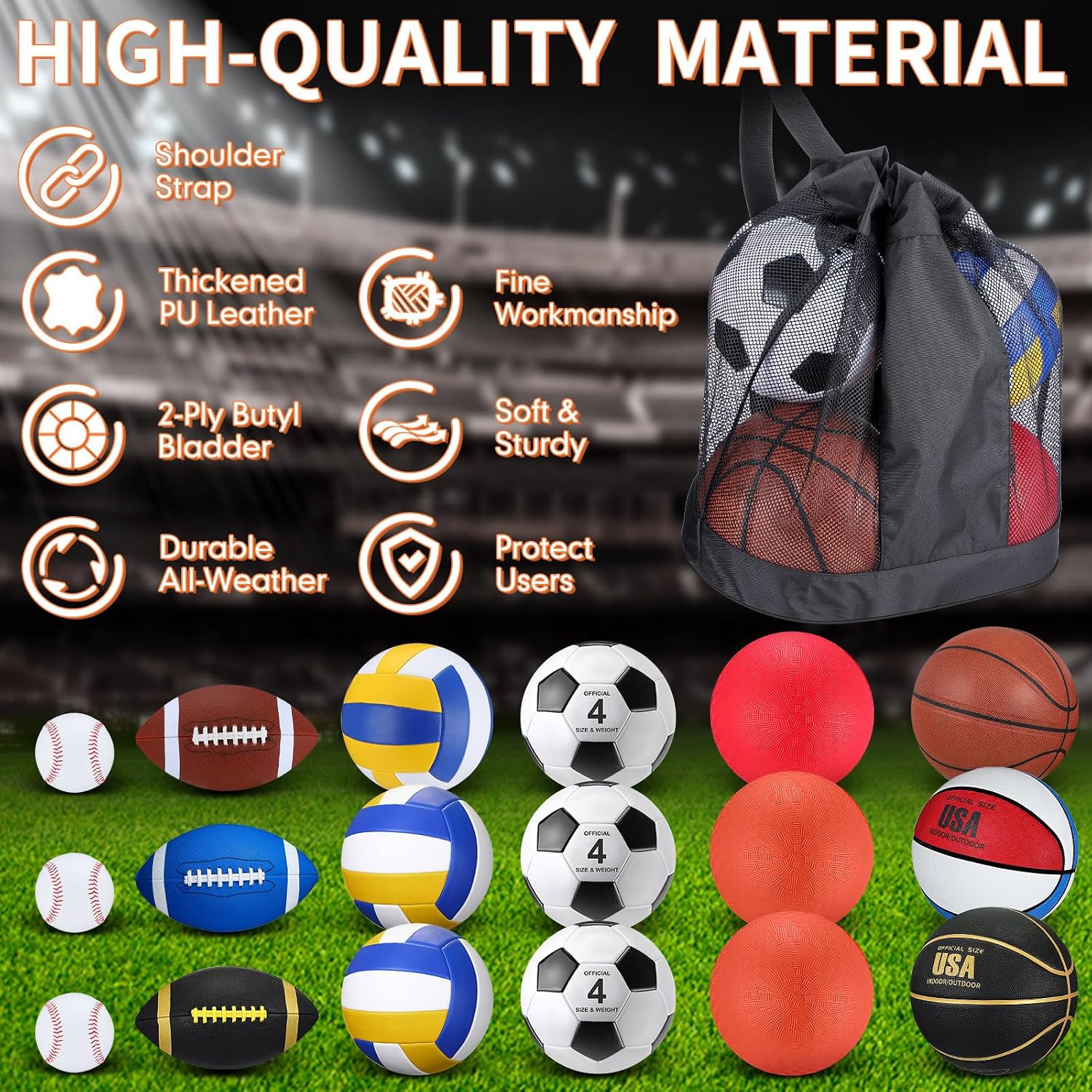 Leyndo 18 Pcs Sports Ball Set for Kids, Official Size Basketball Football Soccer Ball Playground Volleyball Baseball Outdoor Sport Equipment Bag and Pump Back to School Gift