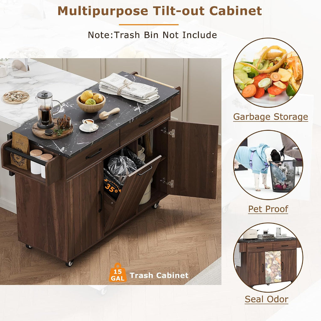 Farmhouse Kitchen Island with Trash Can Storage Cabinet, Kitchen Cart with Drop Leaf, Spice Rack, Towel Rack and Drawer, Rolling Kitchen Island on Wheels with Adjustable Shelf (Walnut Brown1)